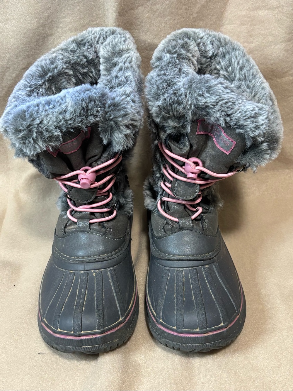 London Fog Kids Gray and Pink Faux Fur Winter Boots Sz 2 VGUC